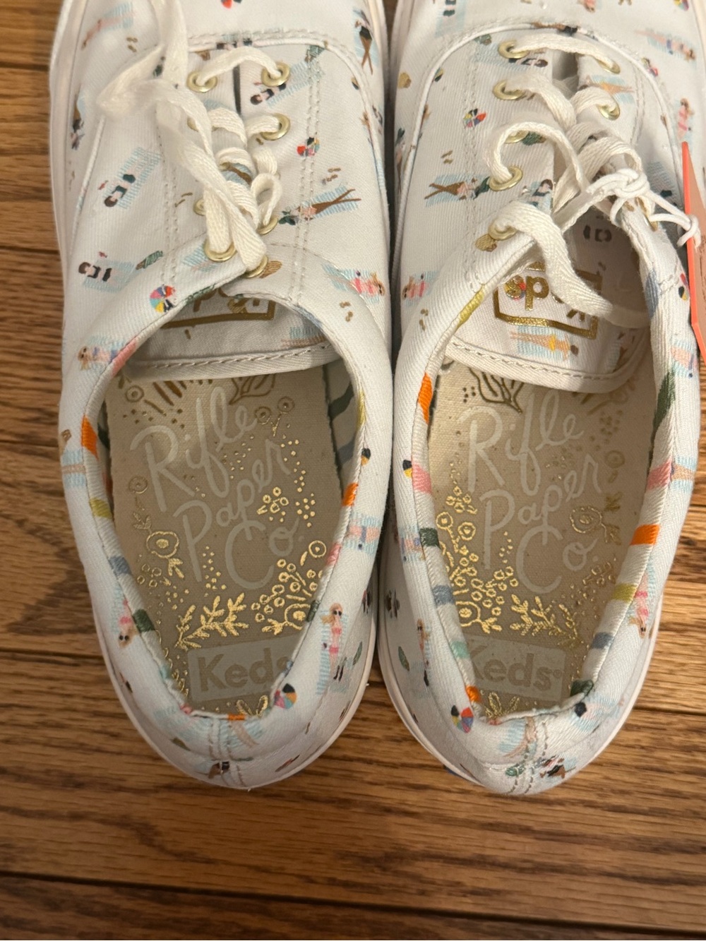 Rifle Paper Co X Keds Sun Girls White Canvas Lace-Up Sneakers with Beach Print - Picture 6 of 9